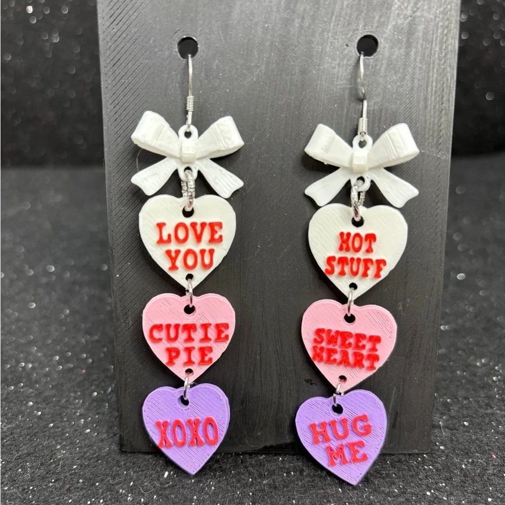 Conversation Heart Dangle Earrings with White Bows